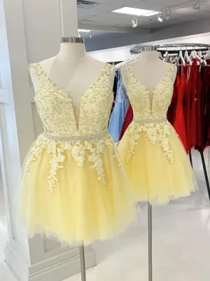 Yellow v neck tulle lace short prom dress yellow homecoming dress